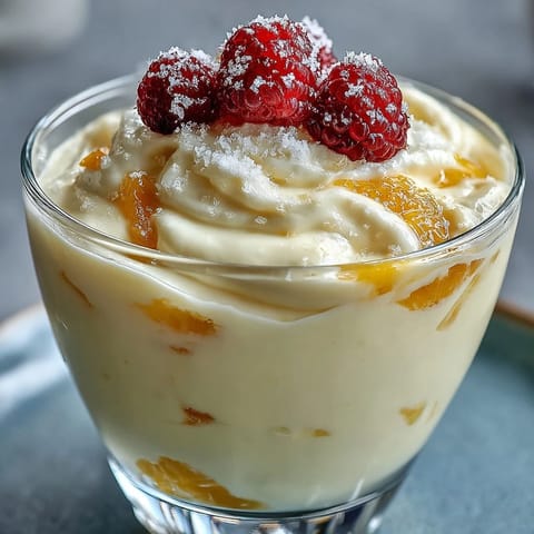 Lemon Fool presented in elegant dessert glasses, garnished with a shortbread biscuit and vibrant berries for texture.  