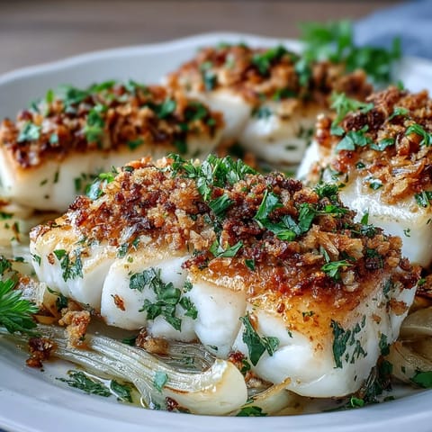 Golden-baked halibut fillets nestled on a bed of roasted fennel, topped with a crunchy lemon-walnut pangrattato.