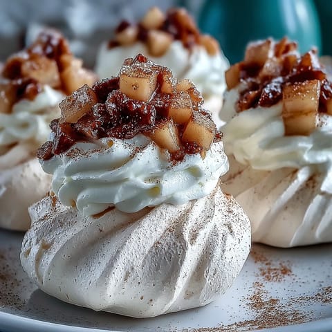 Golden-brown Mini Hot Toddy Pavlovas topped with creamy swirls and spiced, syrupy pears.