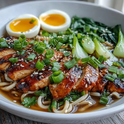 Overhead view of steaming Healthy Miso Chicken Noodle Bowls with vibrant vegetables, sesame seeds, and a drizzle of chili oil, ready to serve for a comforting dinner.