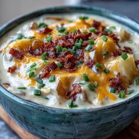 Creamy Loaded Potato Soup steaming in a bowl, garnished with extra cheese and chives for a cozy meal.