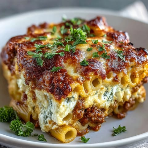 Spoon lifting a portion of Cottage Cheese Protein Pasta Bake, revealing creamy cottage cheese and rich tomato beef sauce inside.