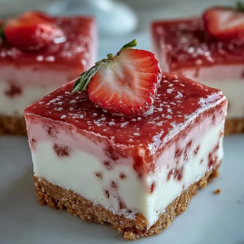 Vibrant No-Bake Strawberry Fudge Squares topped with fresh strawberry slices and coarse sugar, served on a white plate for a sweet dessert treat.