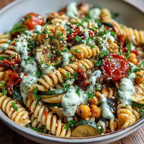 Roasted vegetables and creamy tahini sauce coat the chickpea pasta bowl garnished with parsley and sesame seeds.