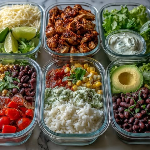 Hearty Meal Prep Burrito Bowl Base filled with fluffy rice, black beans, seasoned chicken, and crisp bell peppers, ready for toppings.