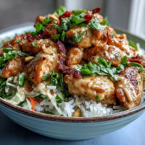 Fragrant coconut rice and sautéed chicken build this high-protein Peanut Chicken Protein Bowl, topped with crisp veggies and creamy peanut drizzle.