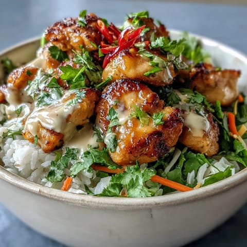 Sliced red cabbage, carrots, and cilantro garnish a warm Peanut Chicken Protein Bowl, featuring juicy chicken and coconut rice with a nutty sauce.