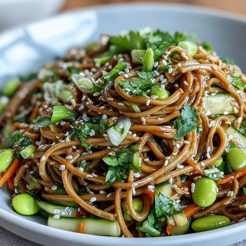 Bright sesame dressing coats chewy Soba Noodle Bowl with crisp cucumbers and bright edamame.
