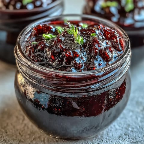 A clear jar of homemade Black Currant Jelly, boasting a deep purple hue, paired with a buttery croissant on a rustic plate.