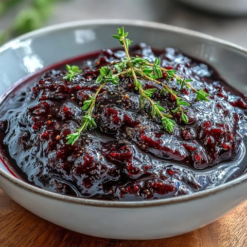 Thick, tangy-sweet Black Currant Glaze simmering in a small saucepan with balsamic vinegar and thyme.