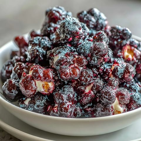 Close-up of glossy Black Currant Cheesecake Kettle Corn with vibrant purple drizzle over crunchy kernels.