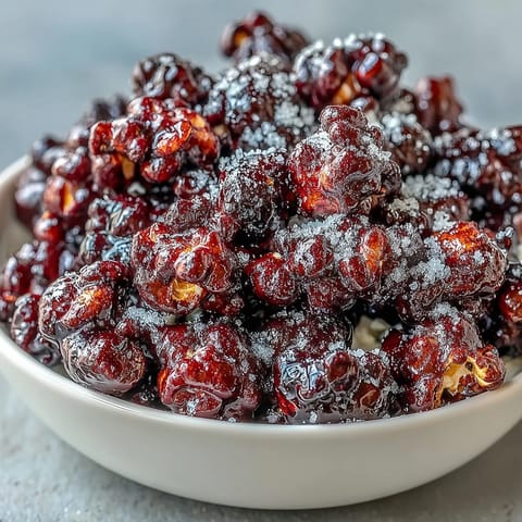 A bowl of sweet and savory Black Currant Cheesecake Kettle Corn served next to a glass of sparkling wine.