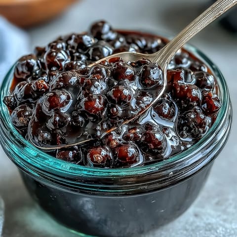 A jar of homemade black currant jam with a spoonful of vibrant purple preserve next to fresh berries and toast.