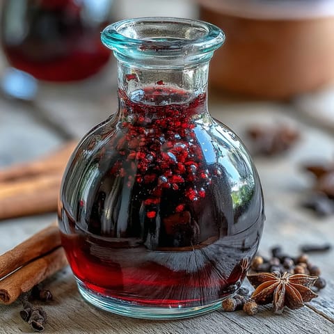 Bright red blackcurrants and warm spices steep in vodka inside a sterilized jar for Homemade Spiced Blackcurrant Vodka Liqueur.