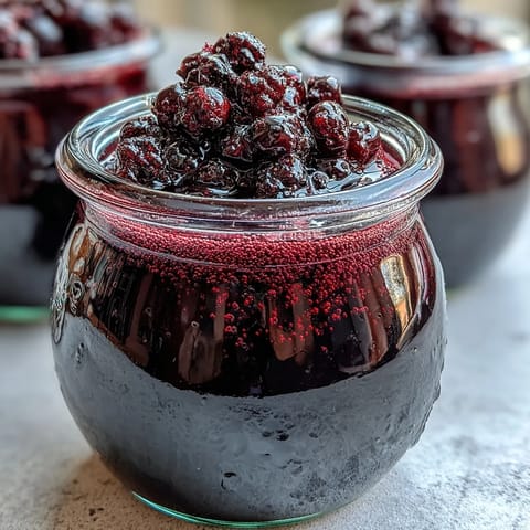 A jar of homemade Black Currant Shrub displays its deep purple hue, a tangy-sweet drinking vinegar for cocktails.