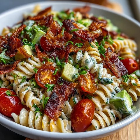 A vibrant BLT pasta salad with crispy bacon, creamy avocado, and juicy cherry tomatoes in a tangy dressing.  