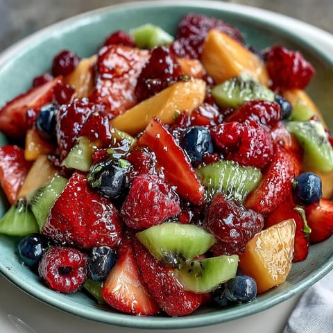 A colorful spring fruit platter with strawberries, kiwi, and pineapple, served with creamy honey-yogurt dipping sauce.