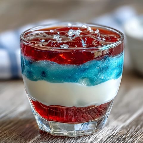 Patriotic layered Jello cups with vibrant red, white, and blue stripes, perfect for festive summer parties and holiday celebrations.  