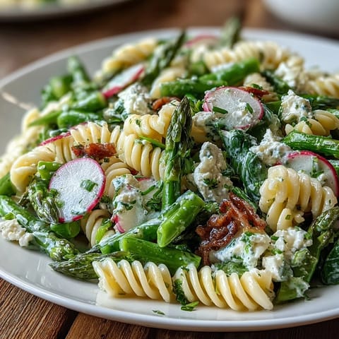 Colorful spring pasta salad with lemon vinaigrette, radishes, and asparagus, topped with fresh herbs and optional feta cheese.