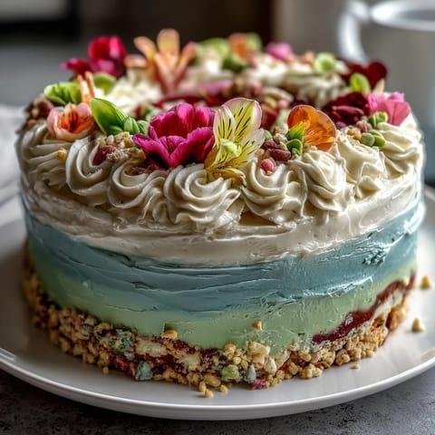 Delicate pastel ombre cake with soft pink, yellow, and green layers, topped with fresh edible flowers.