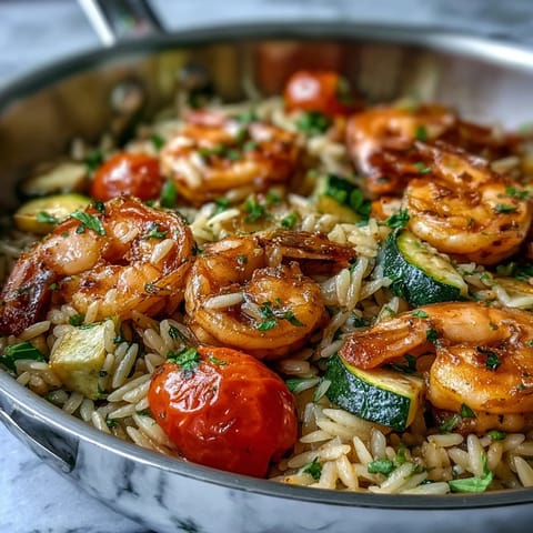 Vibrant one-pan lemon butter shrimp and orzo with juicy shrimp, tender pasta, and fresh zucchini in a zesty, buttery sauce.