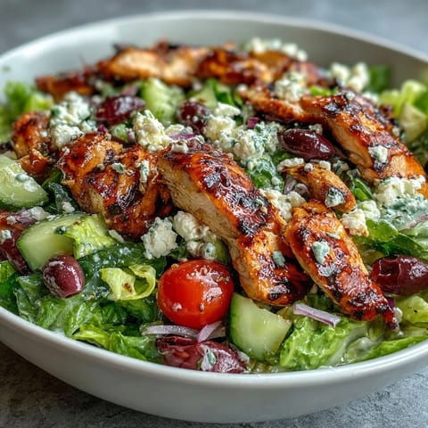 Grilled chicken breast slices atop a vibrant Greek salad with cucumbers, tomatoes, olives, and feta cheese, perfect for a healthy meal.