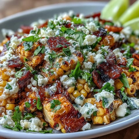 A zesty Mexican Street Corn Salad featuring charred corn, tangy lime dressing, and a sprinkle of chili powder for bold flavor.  