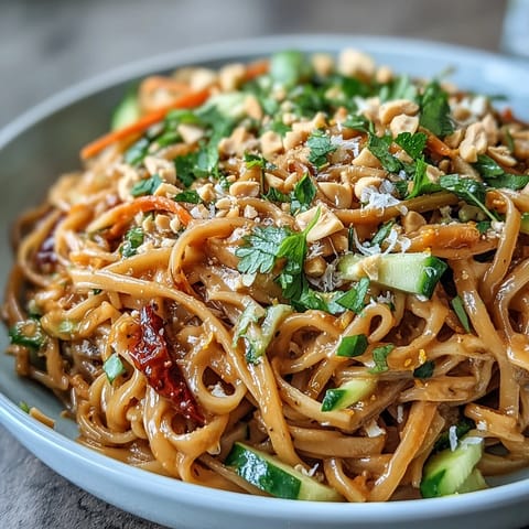 Creamy peanut-lime sauce coats rice noodles, carrots, bell pepper, and cucumber for a refreshing meal.  