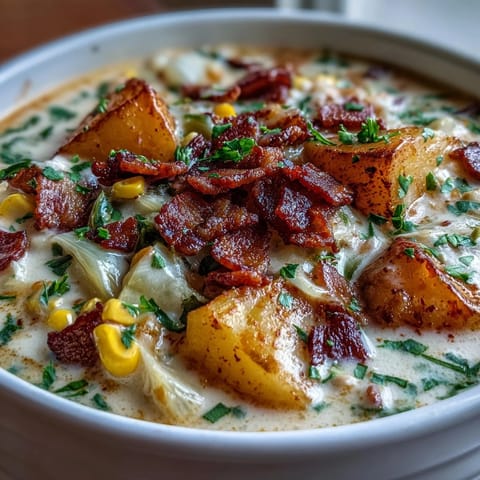 Hearty cabbage corn chowder with smoky bacon and tender potatoes, served in a rustic bowl and garnished with fresh parsley.