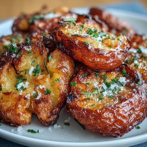 Crispy smashed potatoes with golden edges and fluffy centers, seasoned with garlic and fresh herbs.  