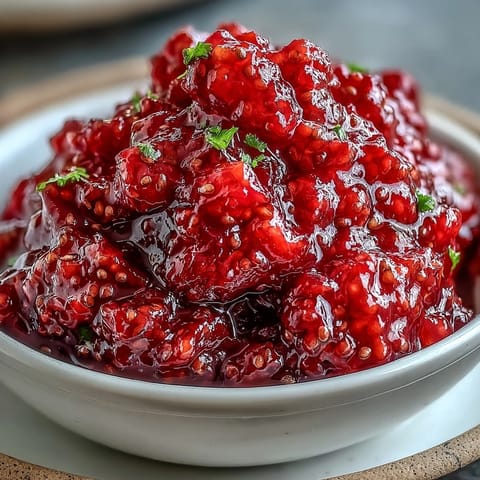 Bright and tangy raspberry lemon chia jam, bursting with fresh berries and citrus zest, ready to spread on toast or swirl into yogurt.
