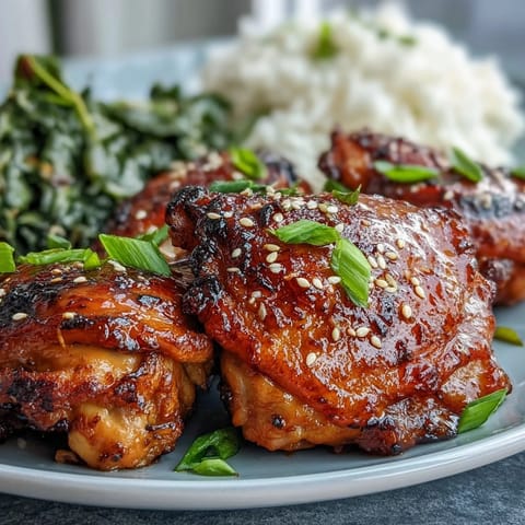 Oven-baked soy glazed chicken thighs with sticky, caramelized skin and savory-sweet glaze.  