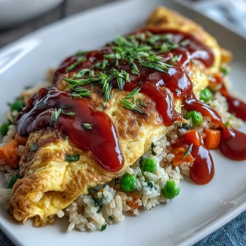 Japanese Omurice with ketchup rice nestled in a fluffy egg nest.