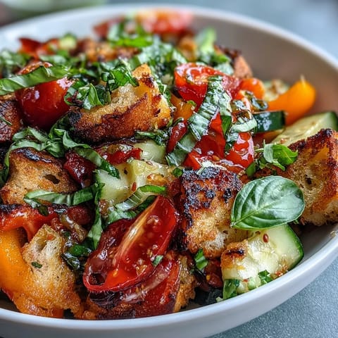 Vibrant Summer Panzanella with grilled bread and juicy tomatoes, a refreshing Italian delight.
