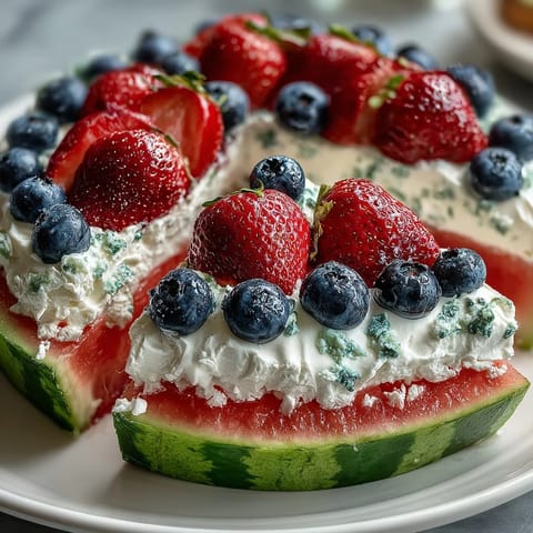 Vibrant watermelon pizza with berries and cream, a refreshing summer dessert.
