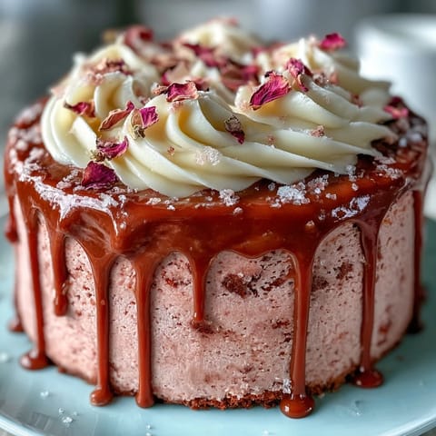Elegant Bridal Shower Rosé Velvet Cake with shimmering gold drip.