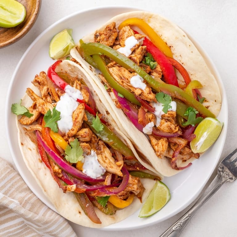 Overhead shot of savory Chicken Fajitas with Lime Crema nestled in warm tortillas.