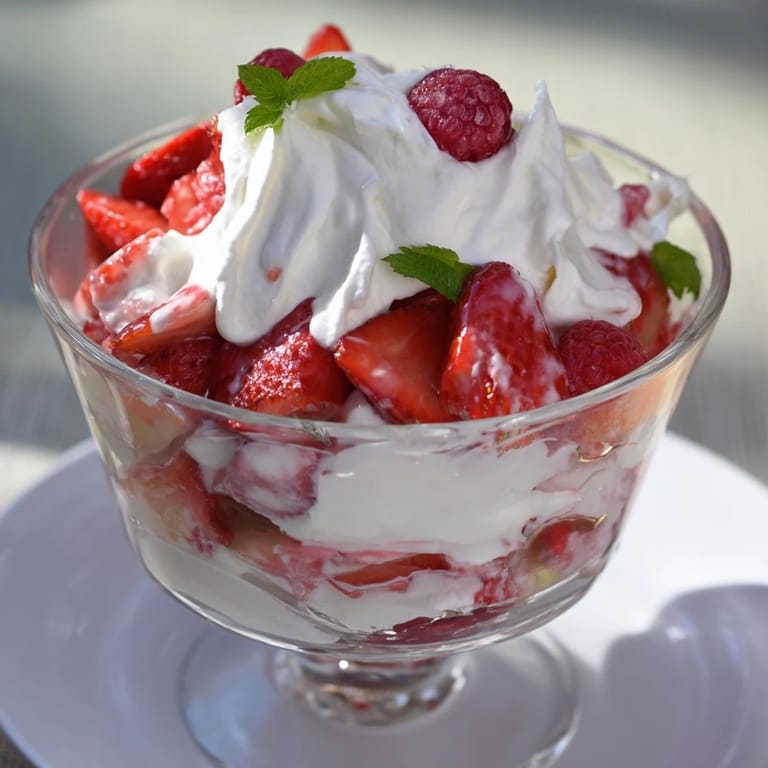 A beautiful serving of Berry Parfait, showcasing fluffy cream and juicy berries, is ready to eat.