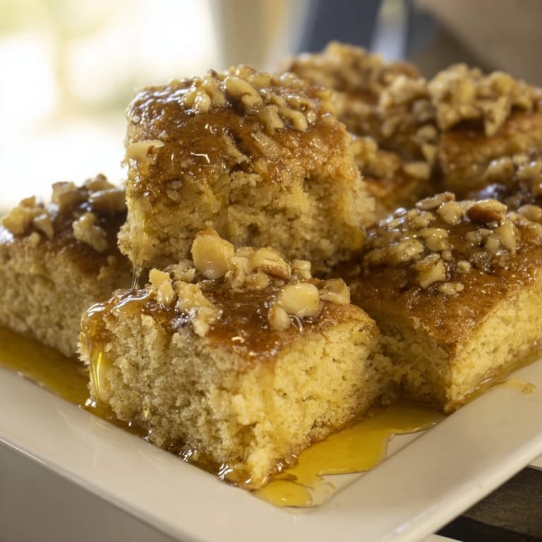 Picture square Light Sweet Hazel Treats, moist and tender, with a drizzle of honey, delicious dessert.