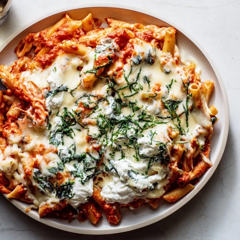 Hearty baked ziti, with ricotta and spinach, ready to serve and enjoy for a delicious dinner.