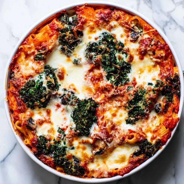 A close-up of a bubbling, golden brown baked ziti, showing melted cheese and savory toppings.