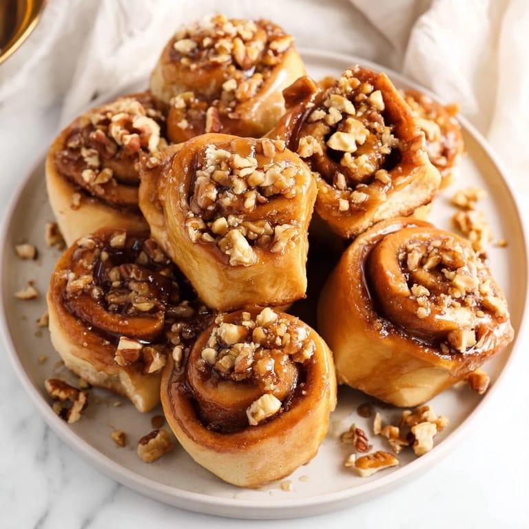 Close-up of fluffy Maple Pecan Sticky Buns, smelling of cinnamon, fresh from the oven, perfect for brunch.