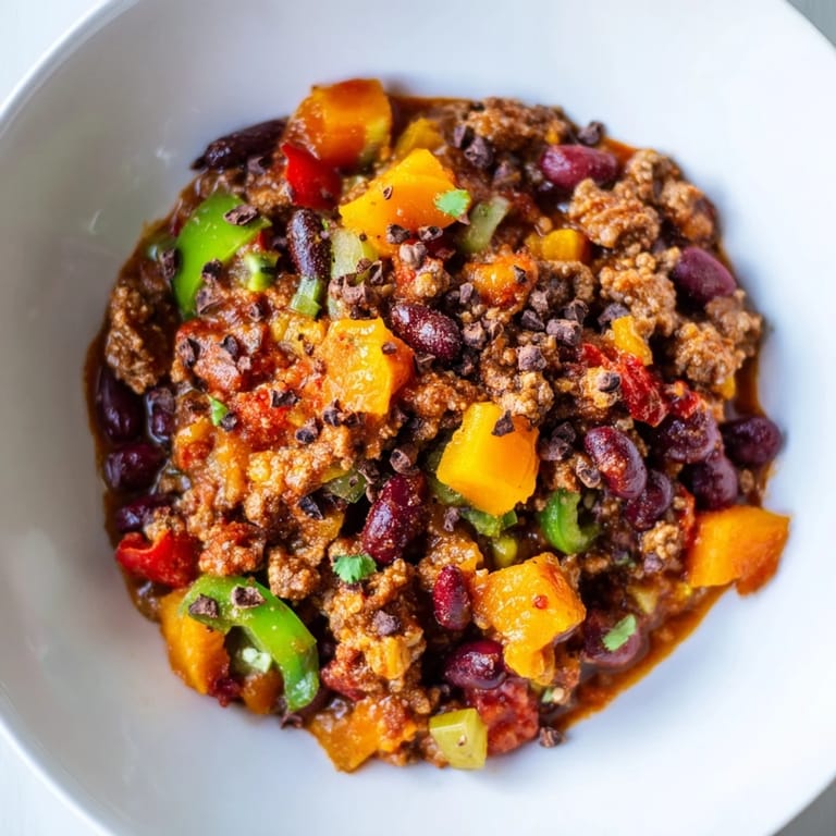 Hearty, flavorful One-Pot Cozy Chocolate Chili simmering in a pot, smelling of chili spices and chocolate.