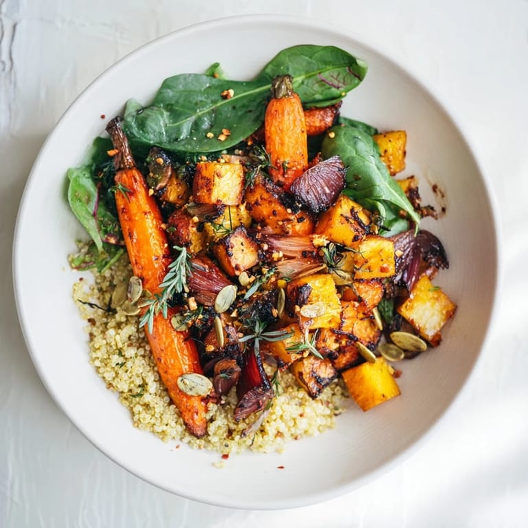 Golden-brown roasted root vegetables in a Warm Herb Bowl, perfectly complemented with fresh greens and quinoa.