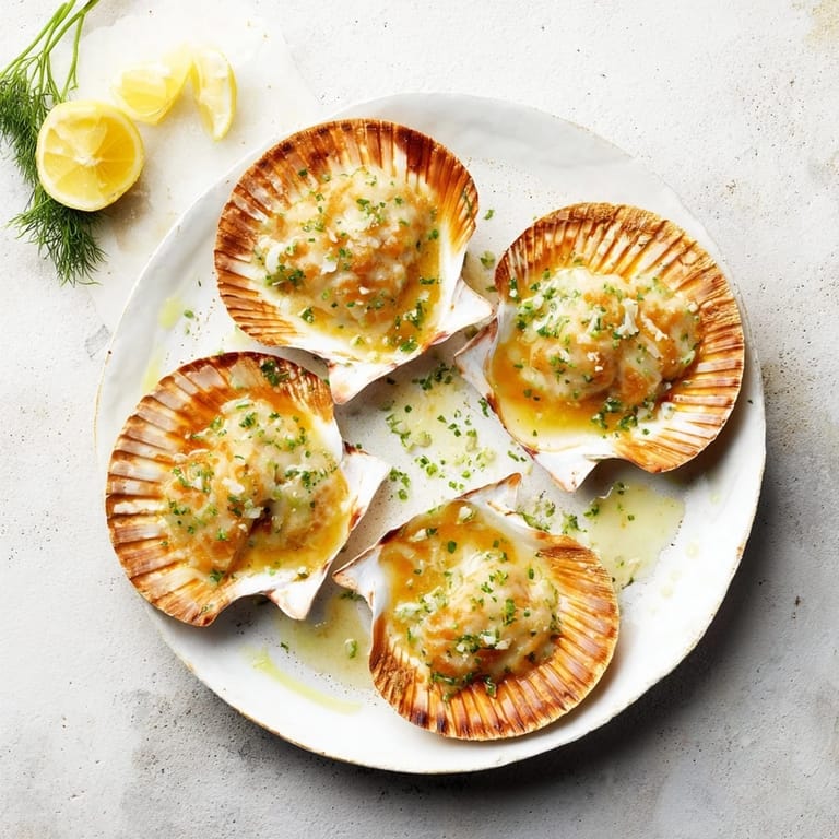 Perfectly seared Harbor-Style Scallops topped with a creamy lemon-dill butter, a delightful coastal dish.