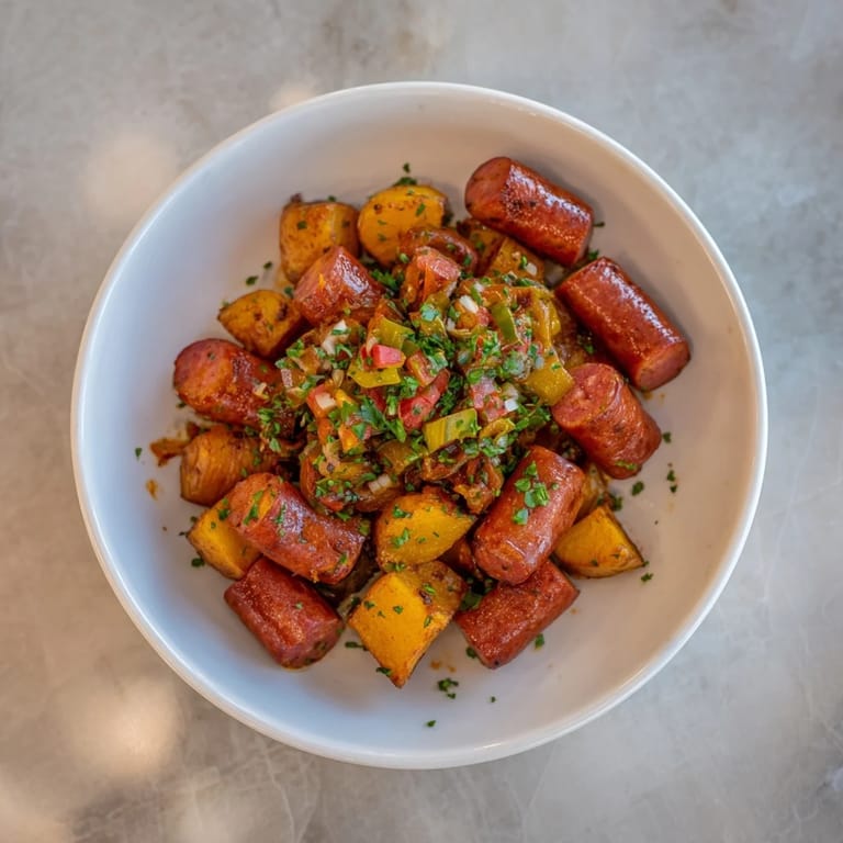 A savory skillet plate of kielbasa and cabbage hash, showcasing caramelized cabbage and browned potatoes ready to enjoy.