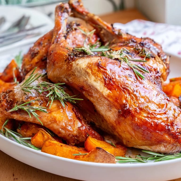 A complete, savory image of Roast Chicken with Rosemary and Garlic, perfectly roasted and ready to eat.