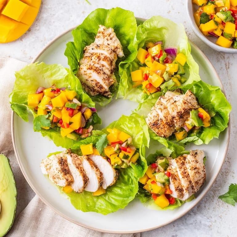 Colorful Chicken and Mango Salsa Lettuce Wraps, featuring ripe mango, ready for a healthy meal.