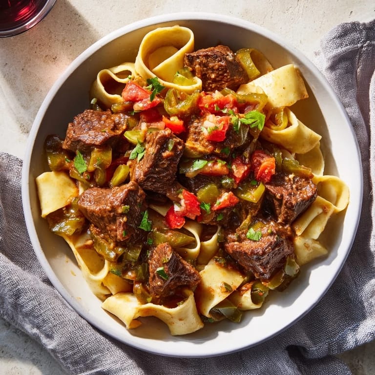 Close-up of a steaming bowl of Hungarian goulash, showcasing the rich sauce and egg noodles.