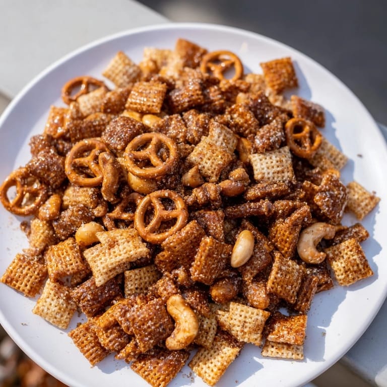 Delicious, homemade Party Mix with peanuts, and a sweet, sparkling cider flavor, perfect for sharing.